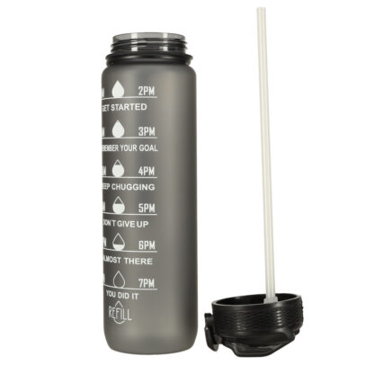 Butelka na wodę bidon ze słomką uchwytem miarką motywacyjną na siłownię BPA free Tritan 1l czarna - obrazek 6