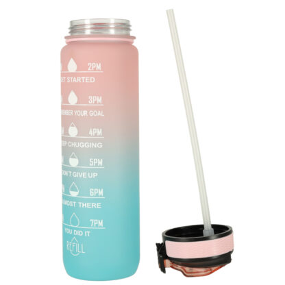 Butelka na wodę bidon ze słomką uchwytem miarką motywacyjną na siłownię BPA free Tritan 1l róż błękit - obrazek 6
