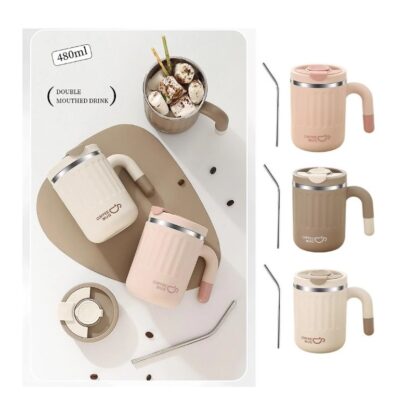 DUŻY POJEMNY KUBEK TERMICZNY ze słomką 480 ml TERMOS zamykany COFFE - obrazek 4